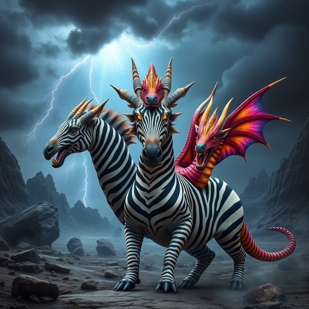 An extraordinary three-headed creature that artfully combines the sleek body of a zebra with the fierce, mythical heads of dragons