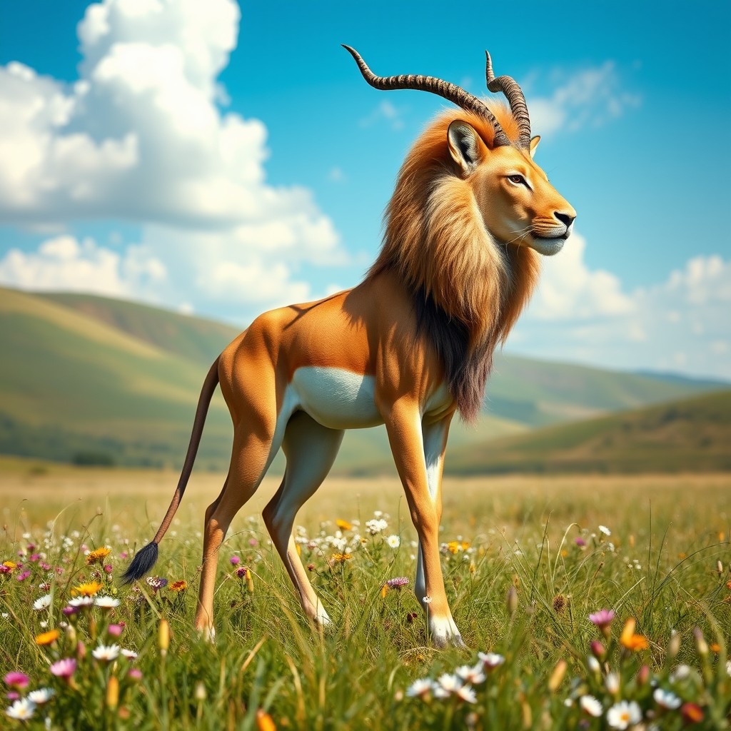 A striking hybrid creature that artfully merges the elegant form of a gazelle with the powerful features of a lion