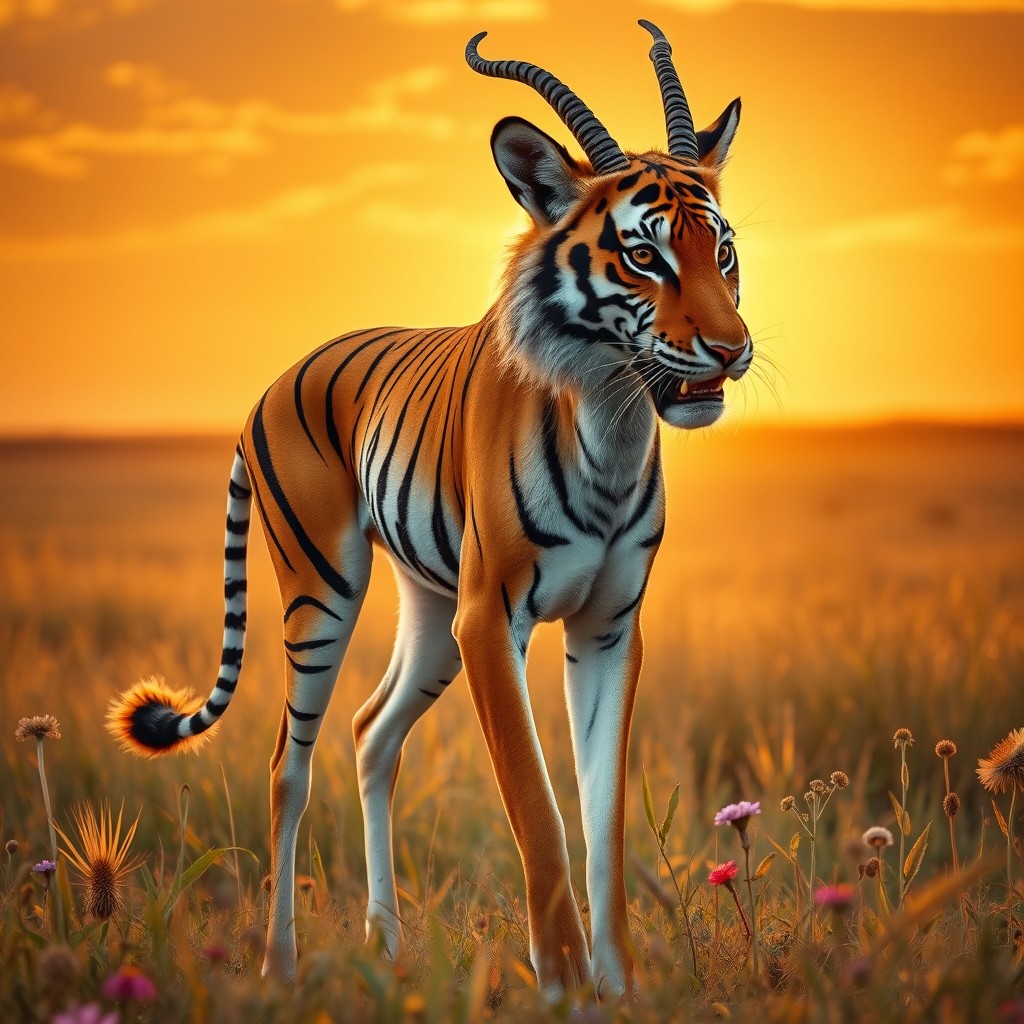 An enchanting hybrid creature that beautifully merges the elegant form of a gazelle with the powerful features of a tiger