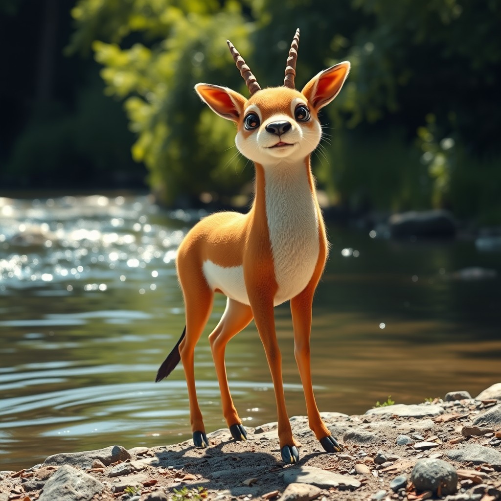 A whimsical hybrid creature that beautifully combines the slender, graceful form of a gazelle with the playful features of an otter