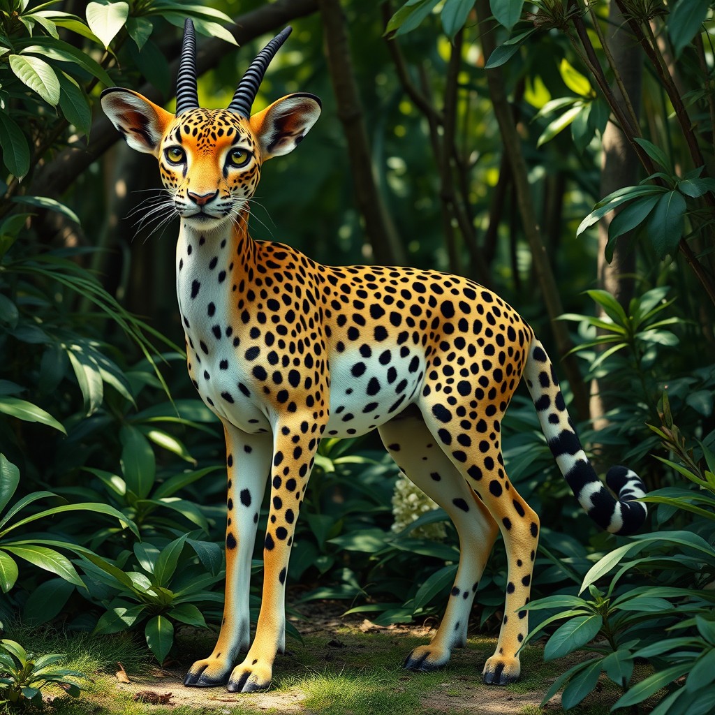 A stunning hybrid creature that elegantly fuses the lithe form of a gazelle with the striking features of a leopard