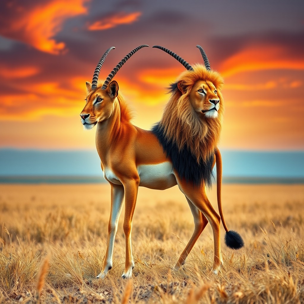 A striking hybrid creature featuring the graceful body of a gazelle and the majestic heads of two lions