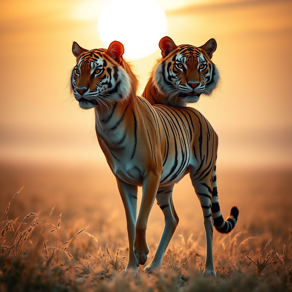 An extraordinary hybrid creature featuring the elegant body of a gazelle and the fierce heads of two tigers