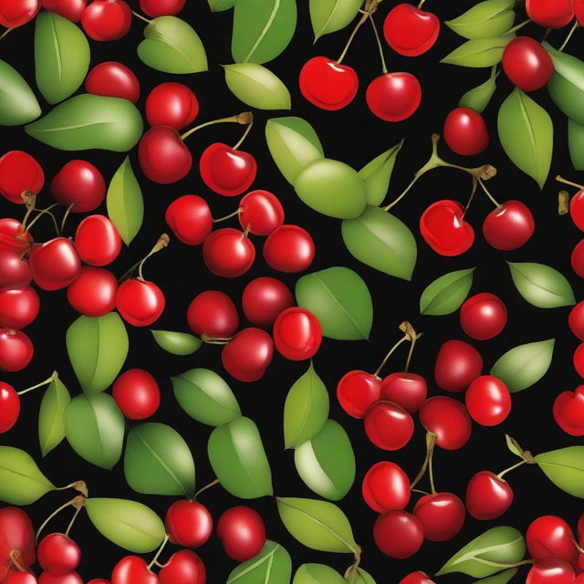 A tile pattern design on a black background filled with numerous vibrant red cherries with leaves.