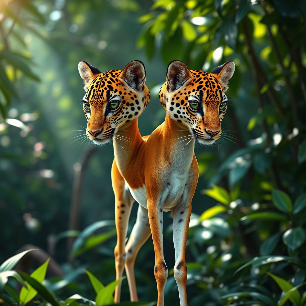 An enchanting hybrid creature merging the delicate body of a gazelle with two striking leopard heads