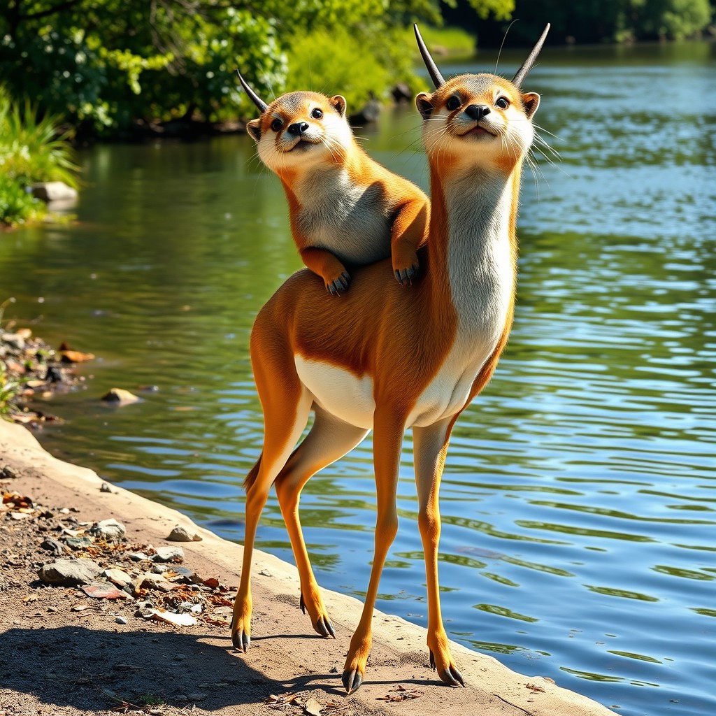 A delightful hybrid creature combining the graceful body of a gazelle with the playful heads of two otters