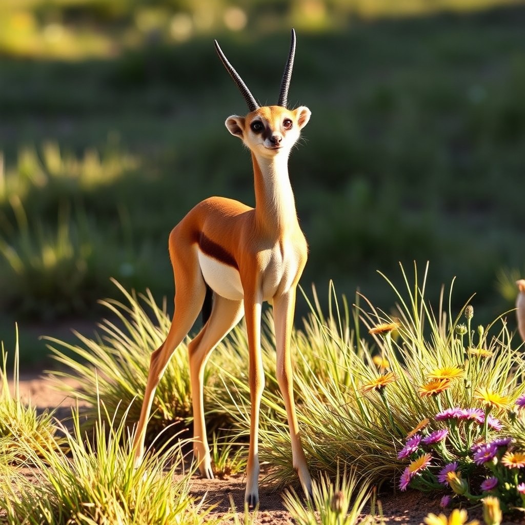 A whimsical hybrid creature that beautifully combines the slender body of a gazelle with the playful heads of two meerkats