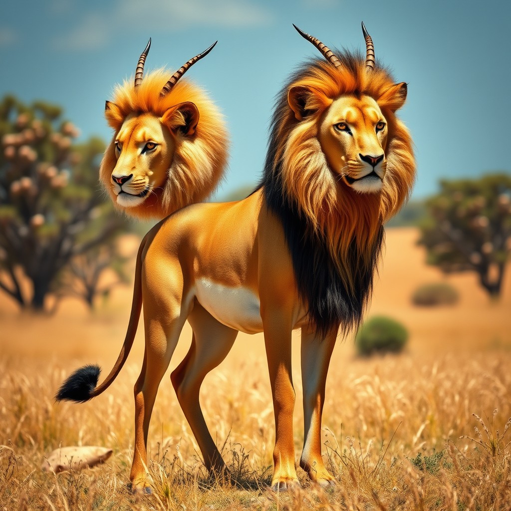 A majestic hybrid creature that combines the elegant body of a gazelle with the powerful heads of two lions
