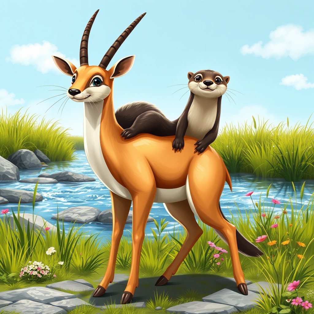 A whimsical hybrid creature that features the sleek body of a gazelle complemented by the playful heads of two otters