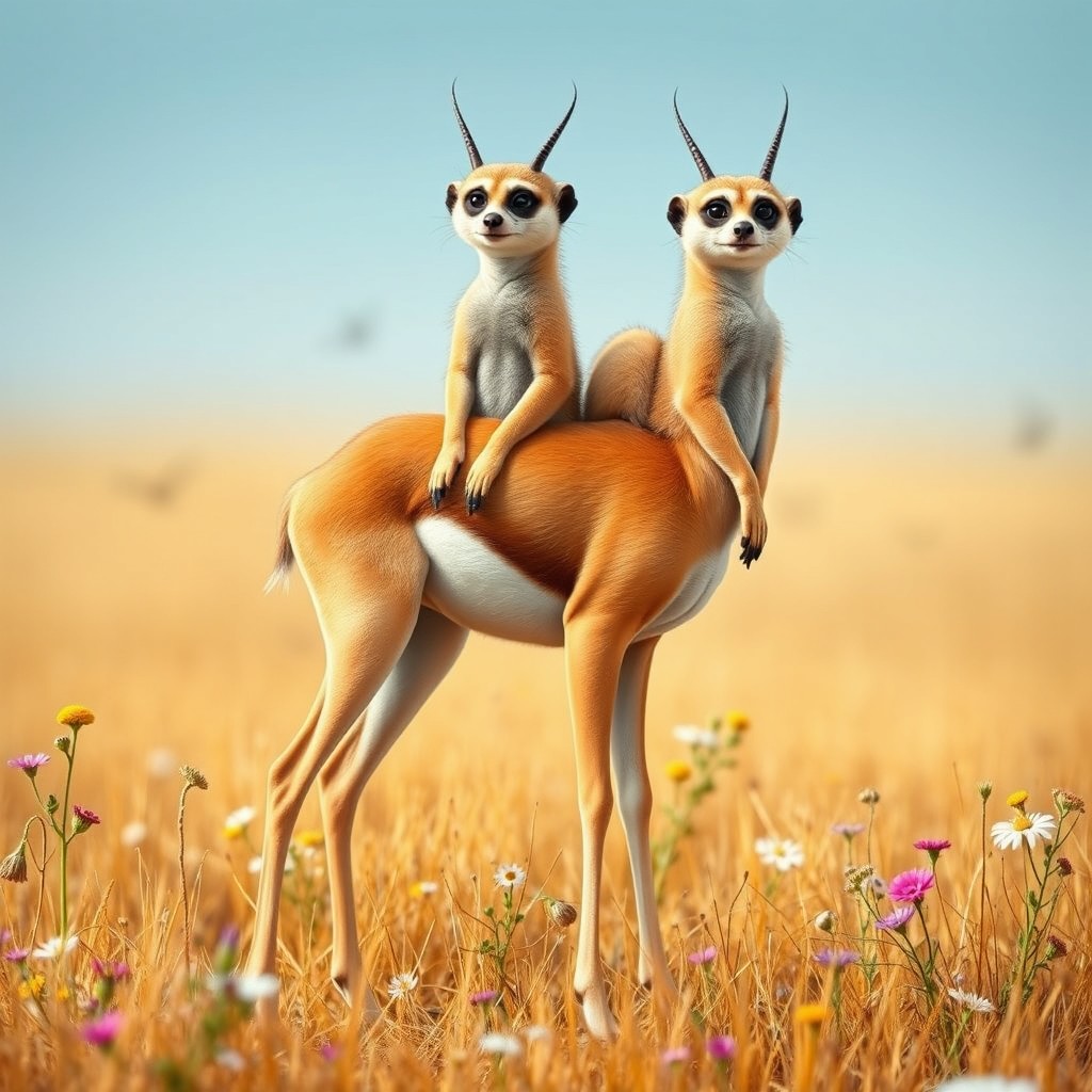 A fantastical two-headed creature showcasing the graceful body of a gazelle paired with the lively heads of two meerkats