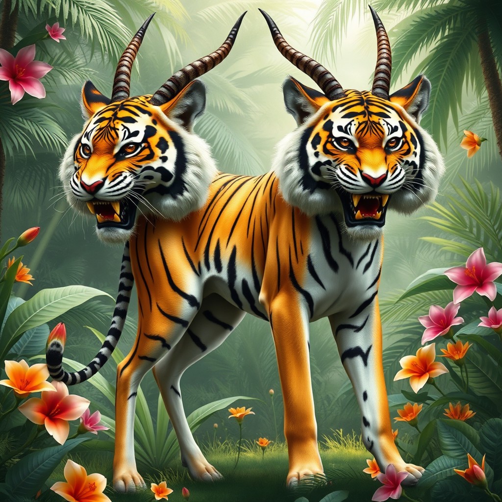 A stunning hybrid creature that features the graceful body of a gazelle paired with the fierce heads of two tigers