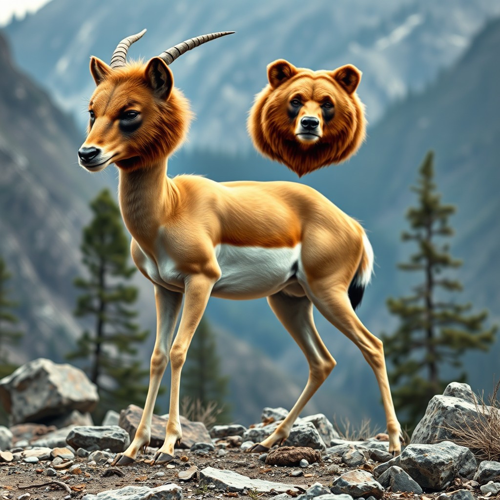 A fascinating hybrid creature that combines the elegant body of a gazelle with the powerful heads of two bears