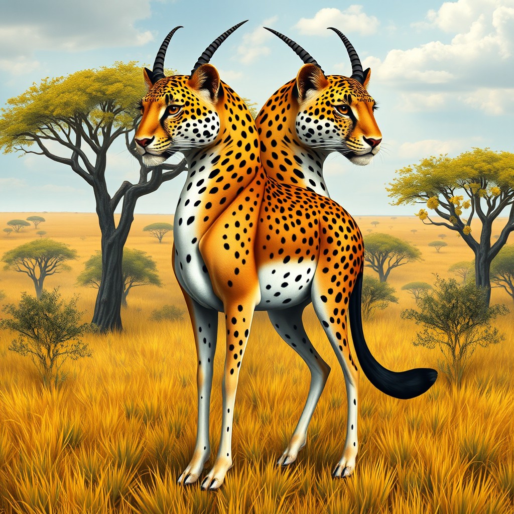 An enchanting two-headed hybrid creature that combines the elegant body of a gazelle with the striking heads of two leopards