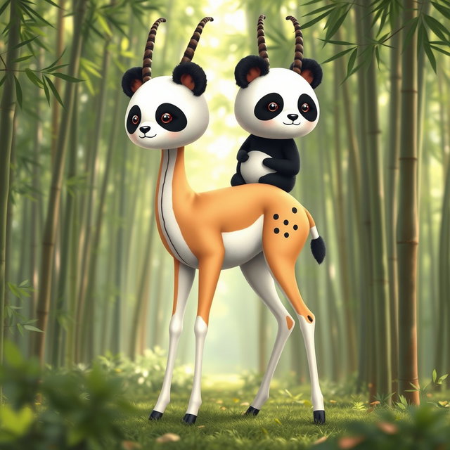A unique two-headed hybrid creature that fuses the graceful form of a gazelle with the adorable heads of two pandas