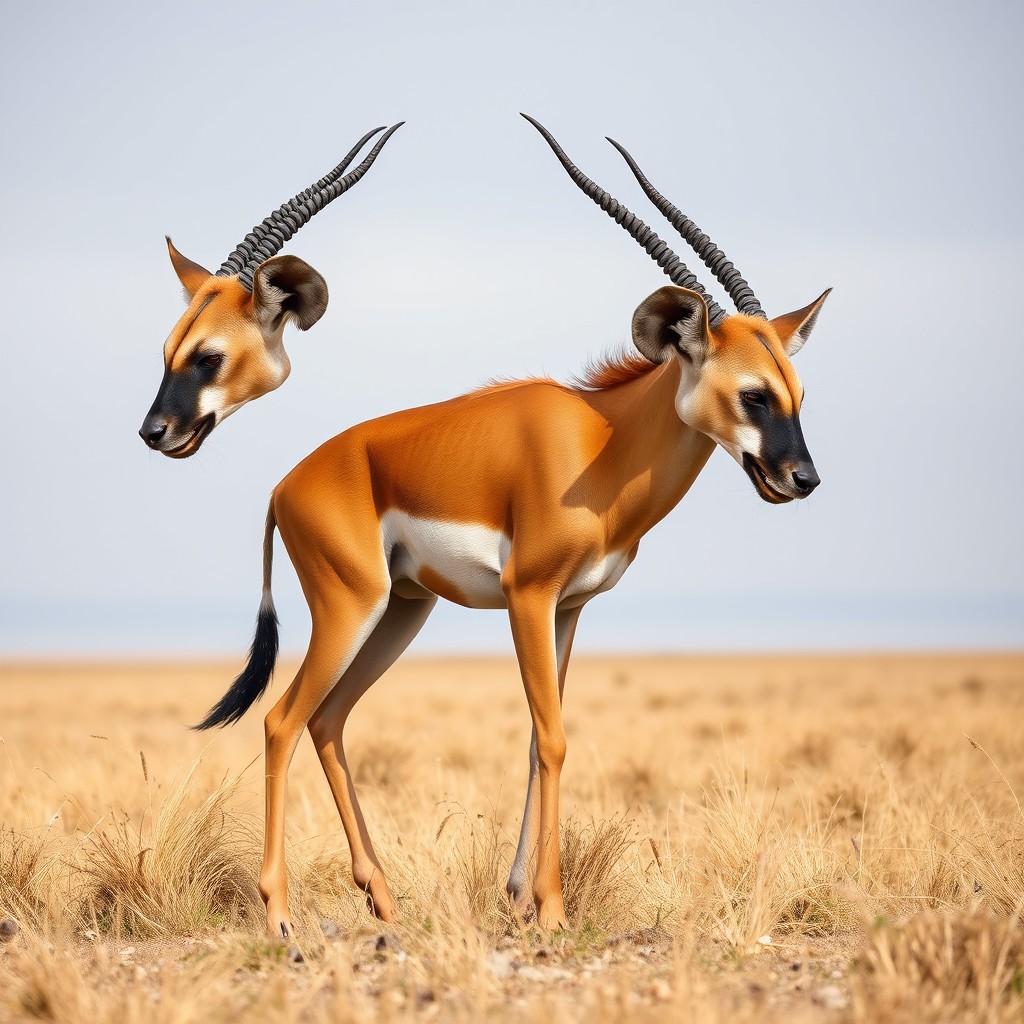 A striking two-headed hybrid creature that merges the graceful silhouette of a gazelle with the fierce and robust heads of two hyenas
