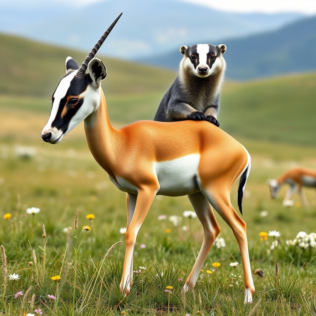 A fascinating two-headed hybrid creature that merges the graceful form of a gazelle with the stout and robust features of two badgers