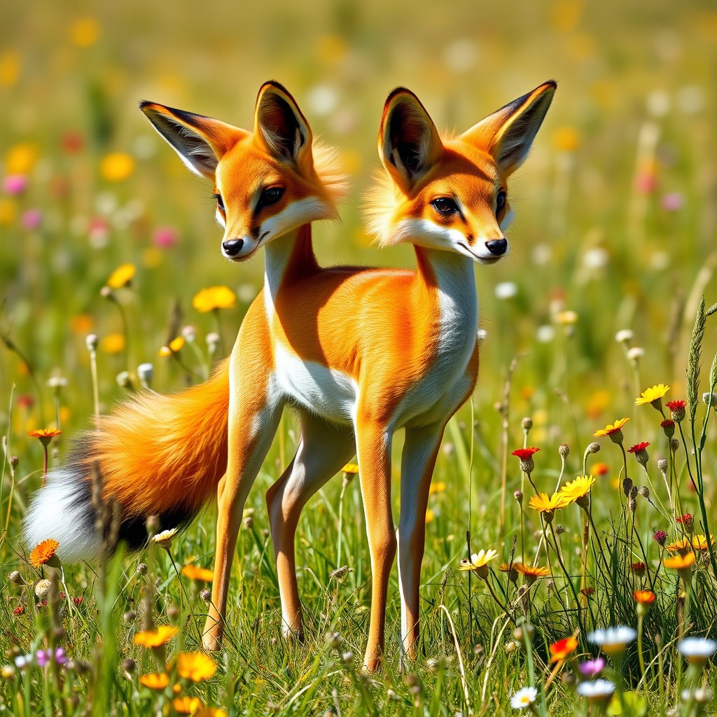An enchanting two-headed hybrid creature that seamlessly combines the elegance of a gazelle with the cunning features of two foxes