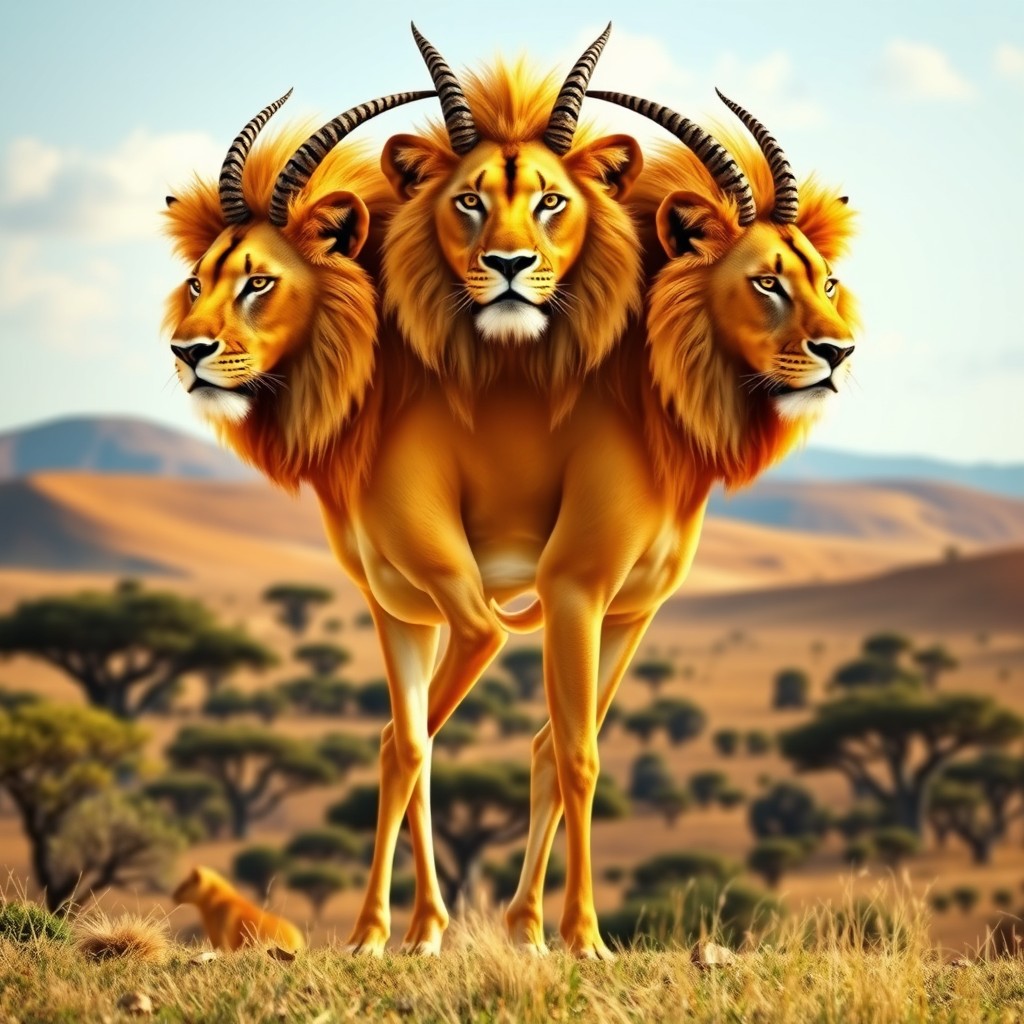 An awe-inspiring three-headed hybrid creature that beautifully combines the elegance of a gazelle with the majestic and powerful features of two lion heads
