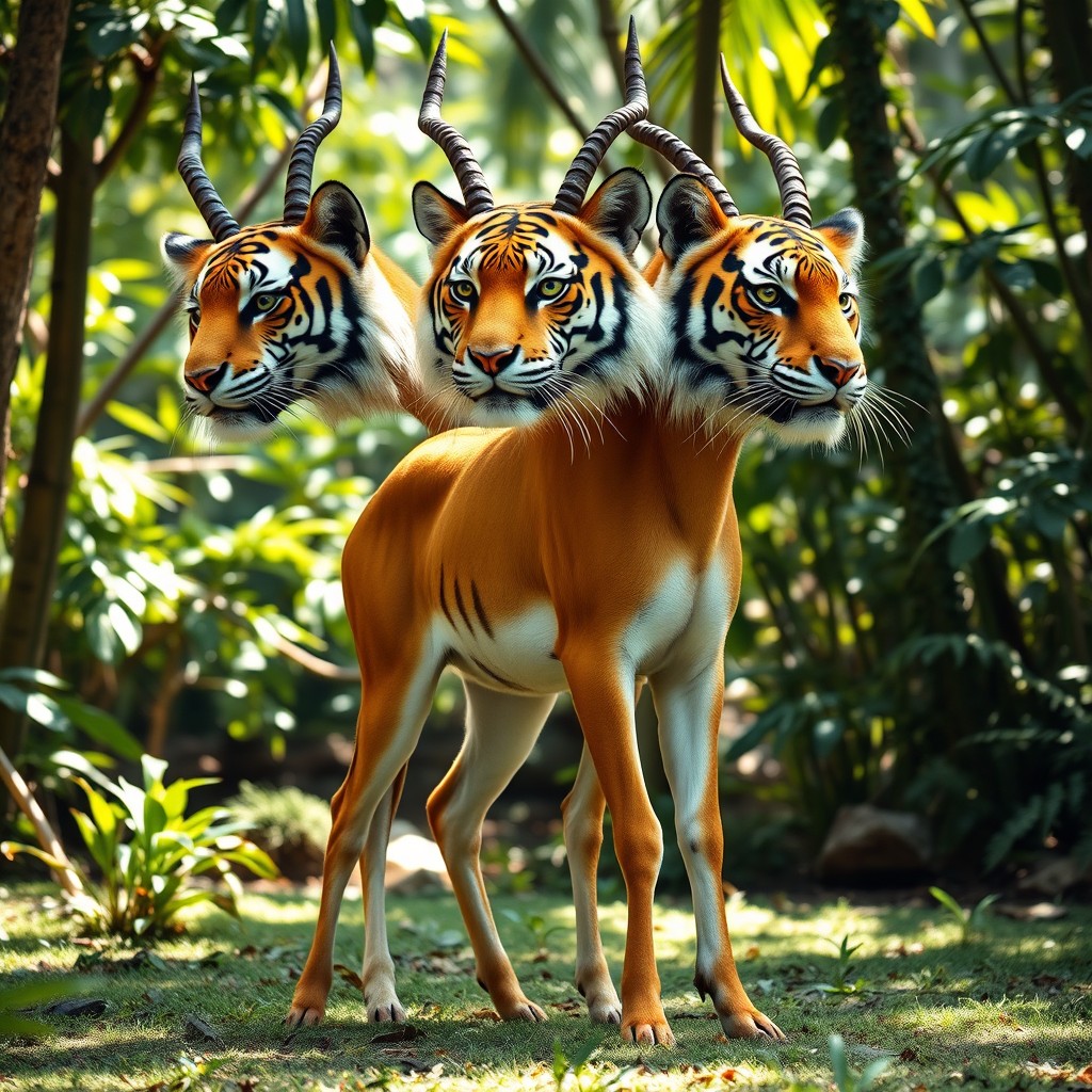 An extraordinary three-headed hybrid creature that beautifully fuses the elegance of a gazelle with the fierce majesty of two tiger heads