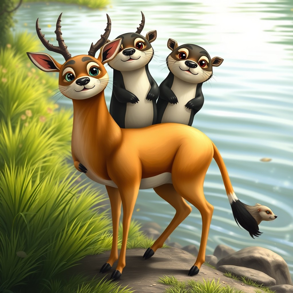 A whimsical three-headed hybrid creature that charmingly merges the elegance of a gazelle with the playful features of two otters