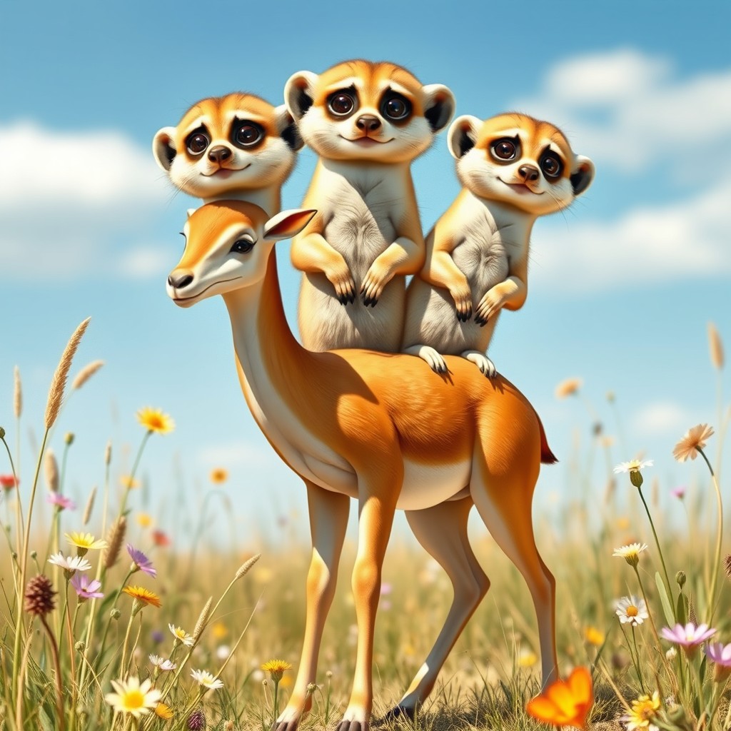 A whimsical three-headed hybrid creature that charmingly merges the graceful attributes of a gazelle with the playful and curious features of two meerkats
