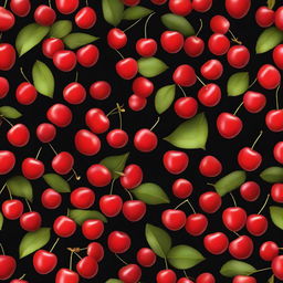 A tile pattern design on a black background filled with numerous vibrant red cherries with leaves.