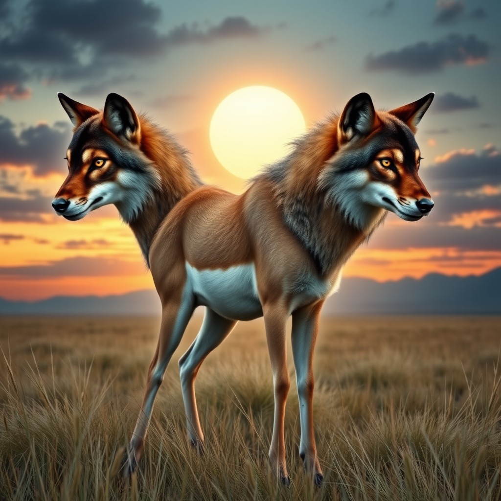 An intriguing three-headed hybrid creature that captivatingly combines the elegance of a gazelle with the rugged features of two wolves