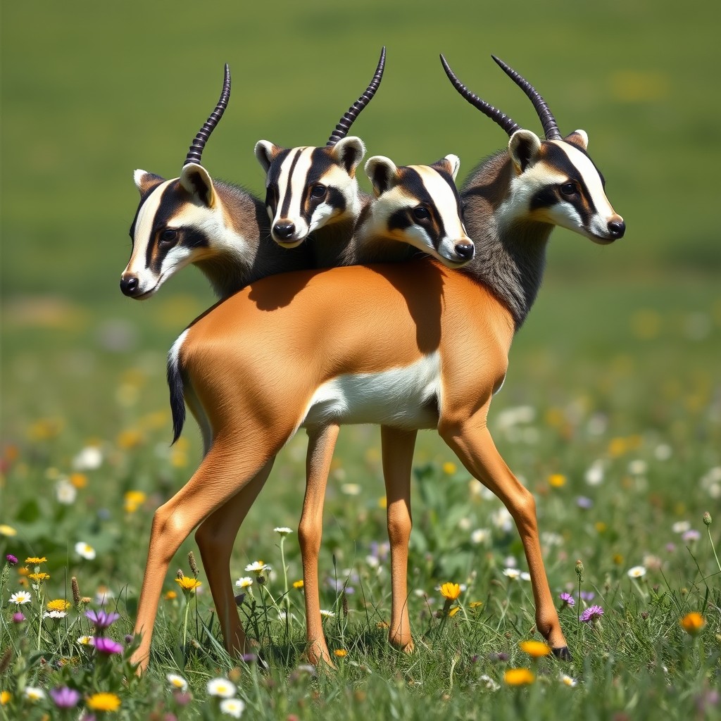 A fascinating three-headed hybrid creature that elegantly combines the slender grace of a gazelle with the robust features of two badgers