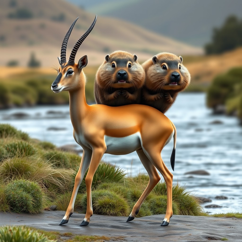 A unique three-headed hybrid creature that combines the sleek elegance of a gazelle with the sturdy features of two beavers
