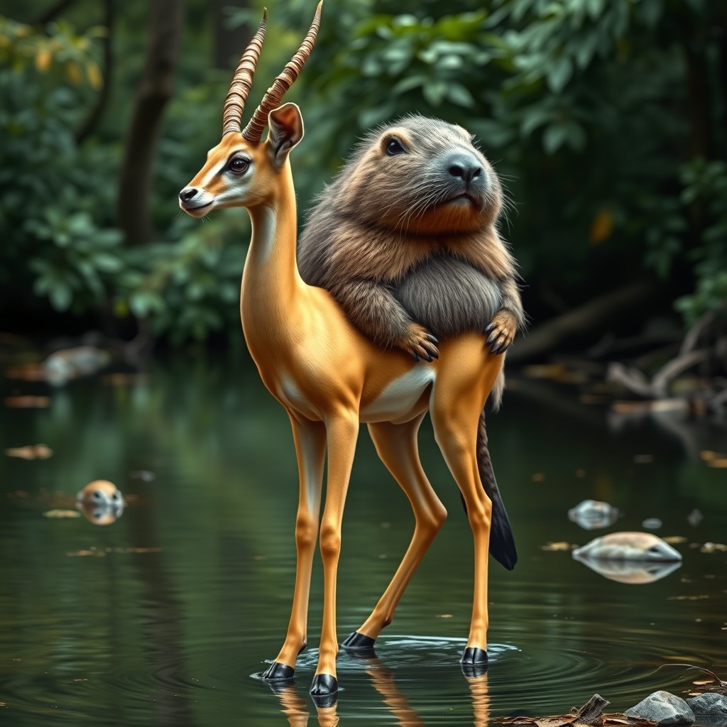 An enchanting two-headed hybrid creature that artfully blends the graceful form of a gazelle with the robust characteristics of a beaver