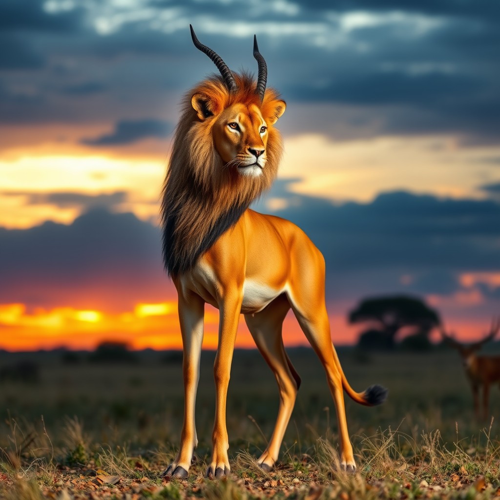 An impressive hybrid creature that merges the elegant form of a gazelle with the powerful features of a lion