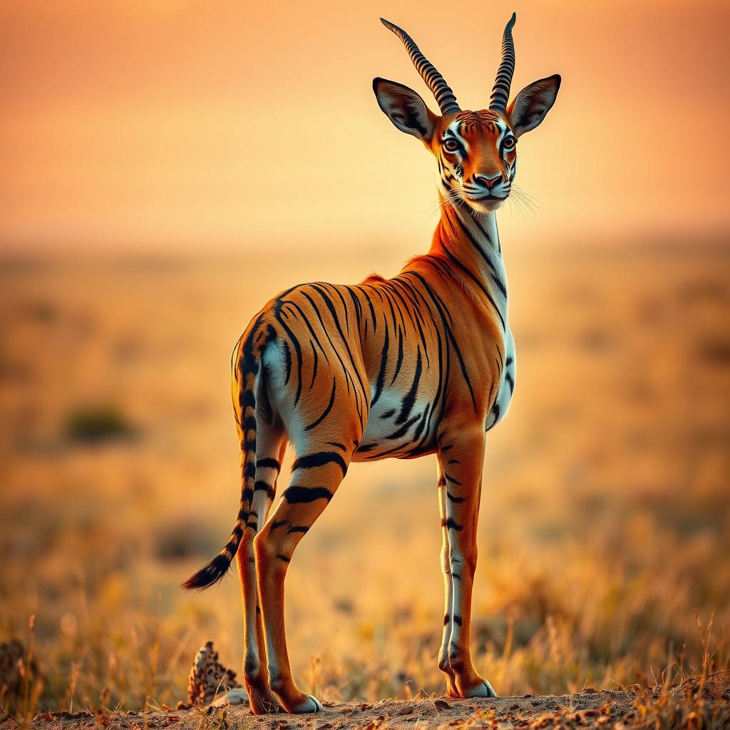 A breathtaking hybrid creature that fuses the elegance of a gazelle with the fierce characteristics of a tiger