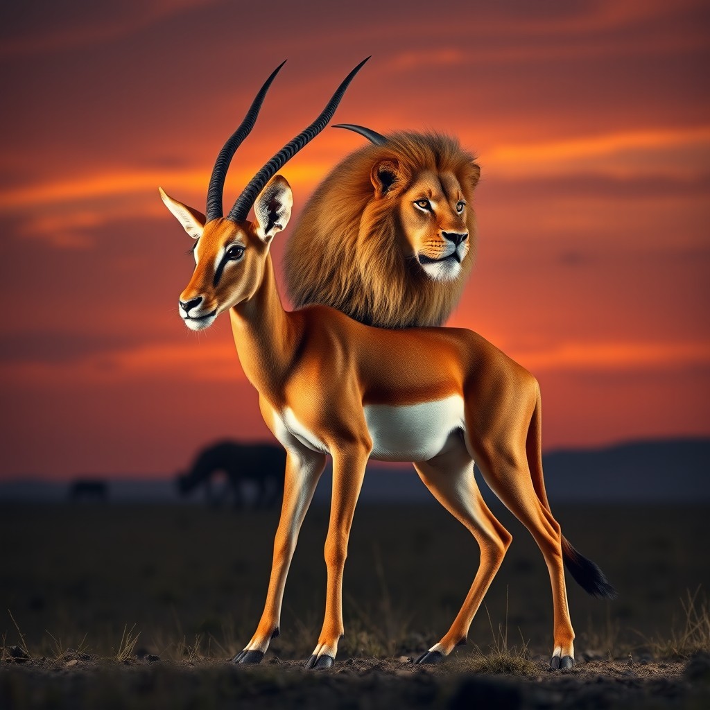 A captivating two-headed hybrid creature that blends the elegance of a gazelle with the majestic power of a lion