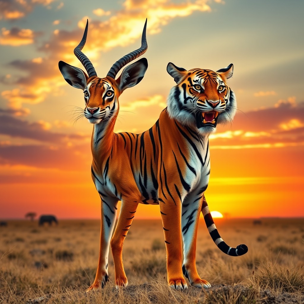A stunning two-headed hybrid creature that combines the agility of a gazelle with the fierce attributes of a tiger