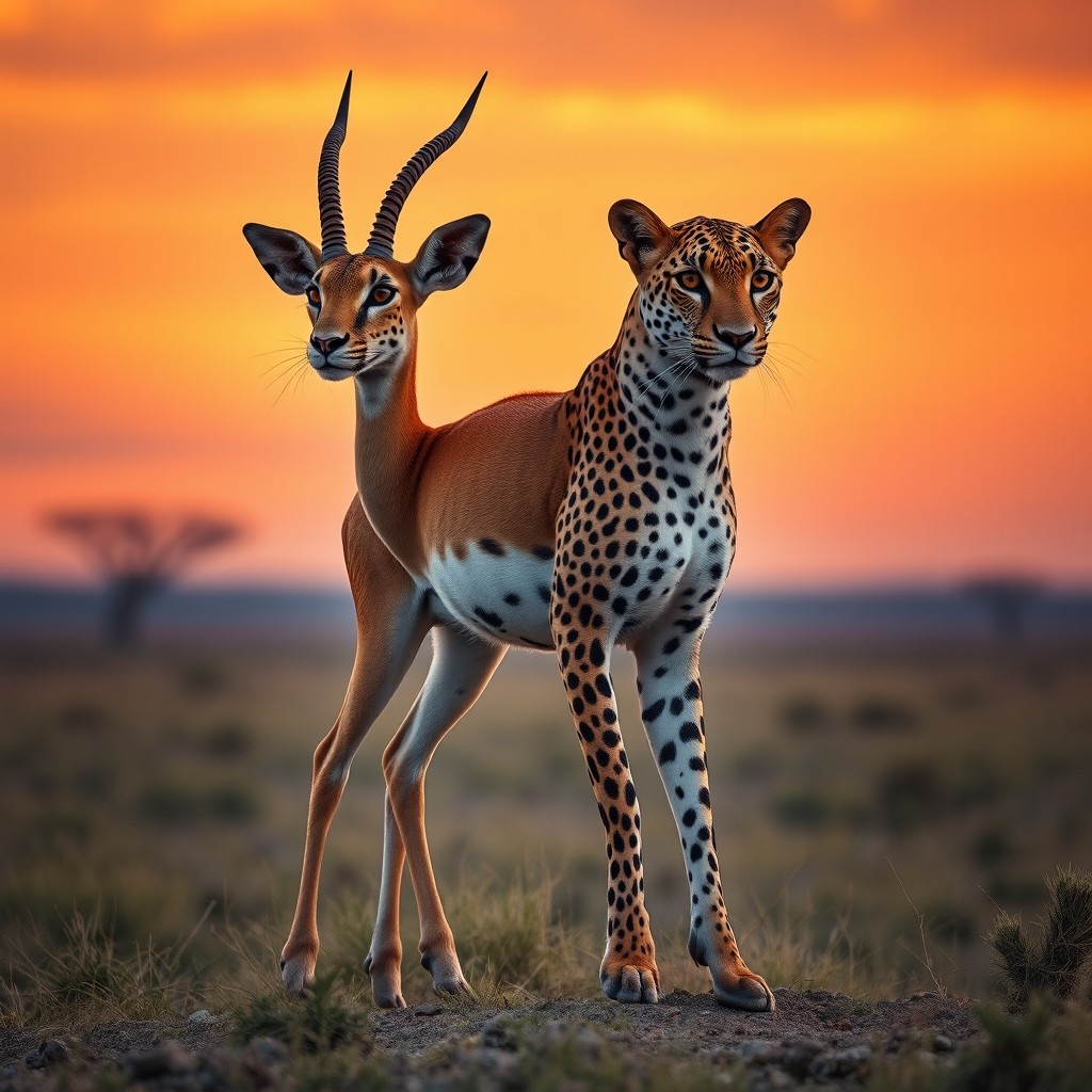 An extraordinary two-headed hybrid creature that combines the elegance of a gazelle with the fierce beauty of a leopard