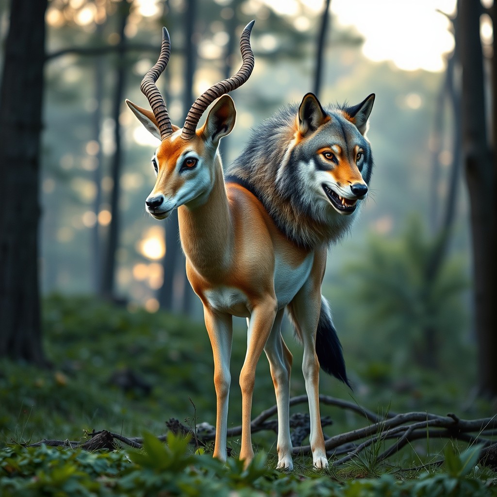 An intriguing two-headed hybrid creature that combines the grace of a gazelle with the fierce traits of a wolf