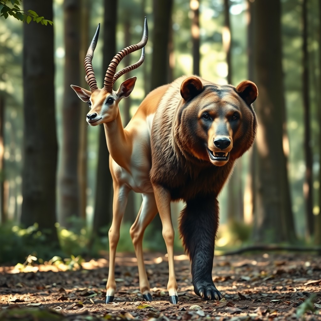 A fascinating two-headed hybrid creature that merges the elegance of a gazelle with the robust characteristics of a bear