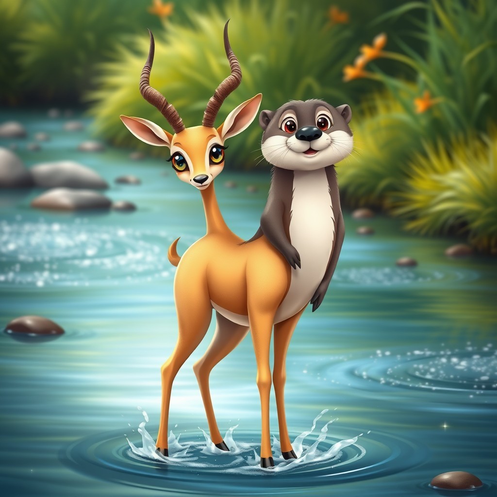 A charming two-headed hybrid creature that beautifully merges the elegance of a gazelle with the playful characteristics of an otter
