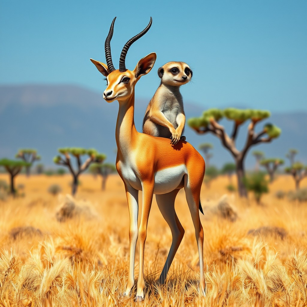 An enchanting two-headed hybrid creature that artfully blends the elegance of a gazelle with the playful characteristics of a meerkat
