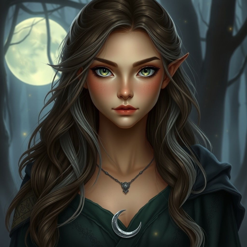 A graceful half-elf arcanist with light amber skin and long, wavy, dark brown hair that has silver streaks