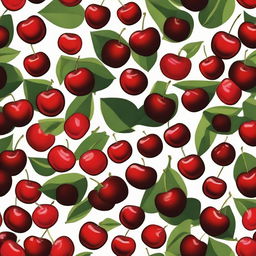 A tile pattern design on a black background filled with numerous vibrant red cherries with leaves.