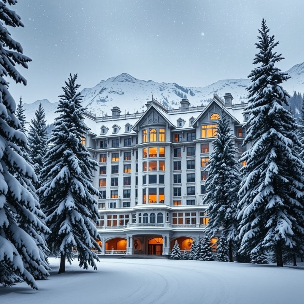 A snowy hotel resembling the Overlook Hotel, set in a stunning winter landscape