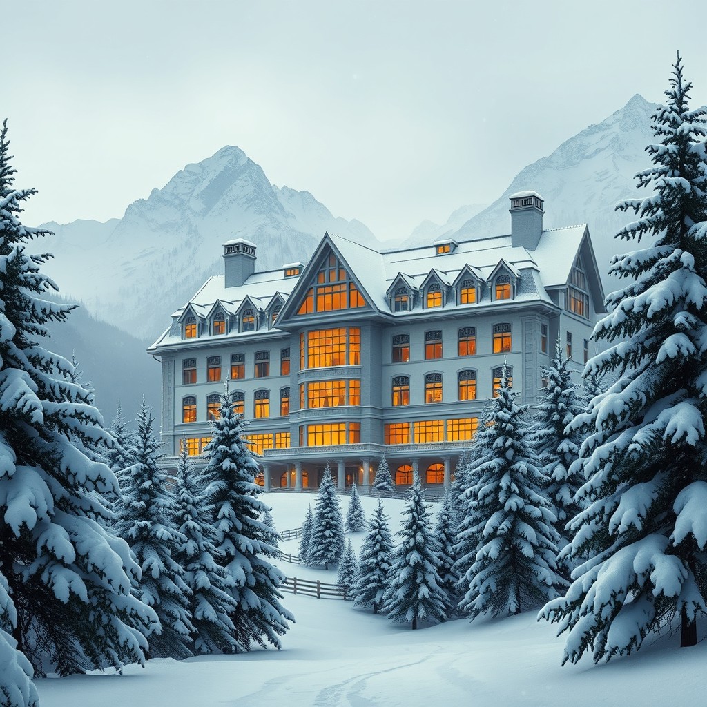 A realistic depiction of a snowy hotel inspired by the Overlook Hotel, situated in a picturesque winter landscape