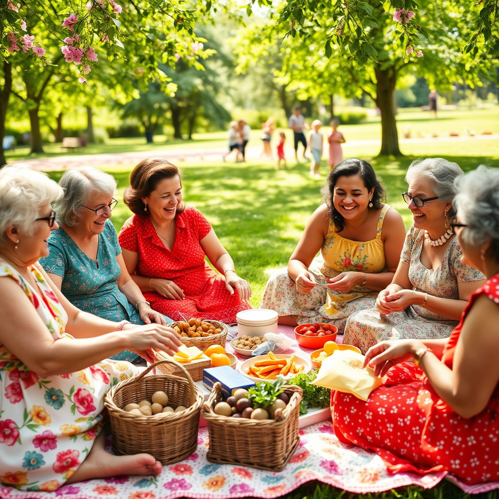 A lively gathering of diverse aunties enjoying a vibrant picnic in a sunlit park