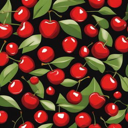 A tile pattern design on a black background filled with numerous vibrant red cherries with leaves.