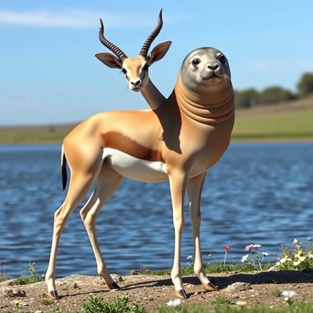 A striking two-headed hybrid creature that uniquely combines the elegance of a gazelle with the playful charm of a seal