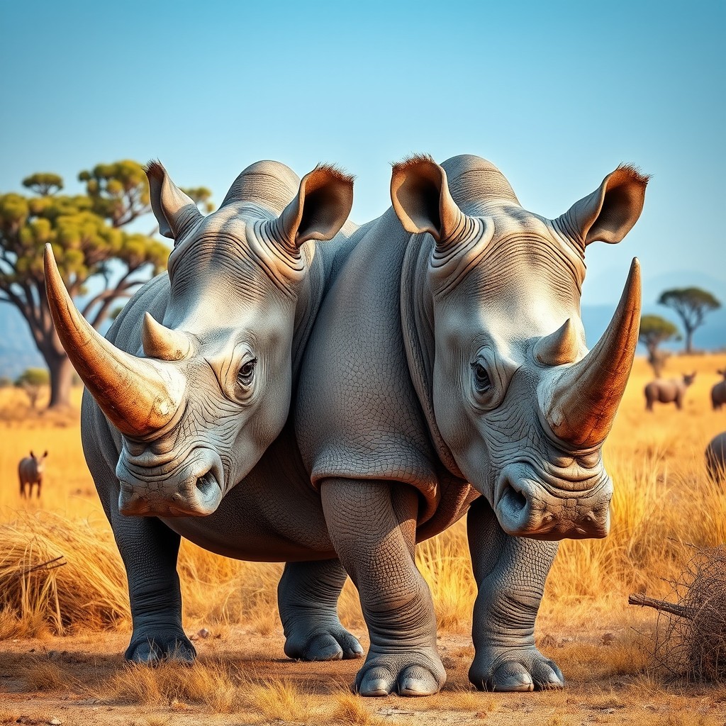 An impressive two-headed rhinoceros that showcases the powerful and robust features of this majestic animal