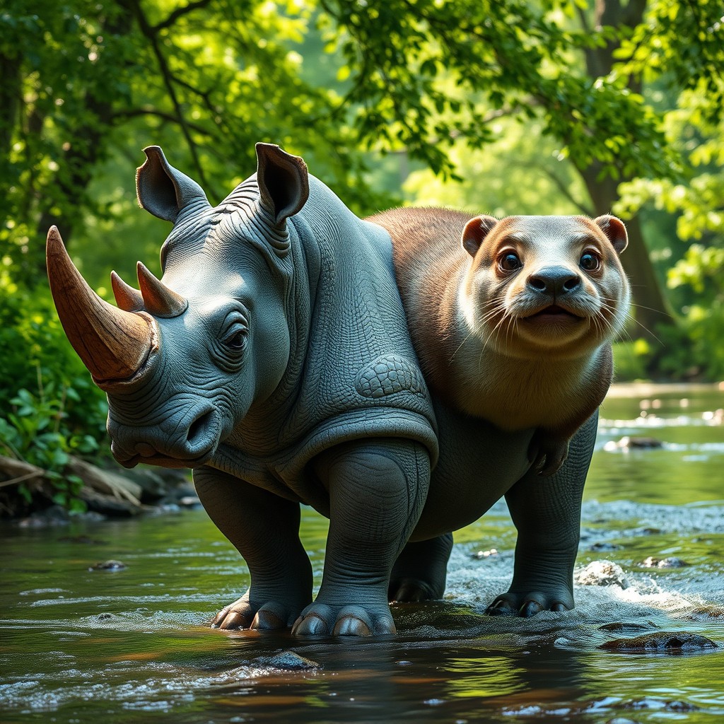 A fascinating two-headed hybrid creature that creatively merges the powerful features of a rhinoceros with the playful characteristics of an otter