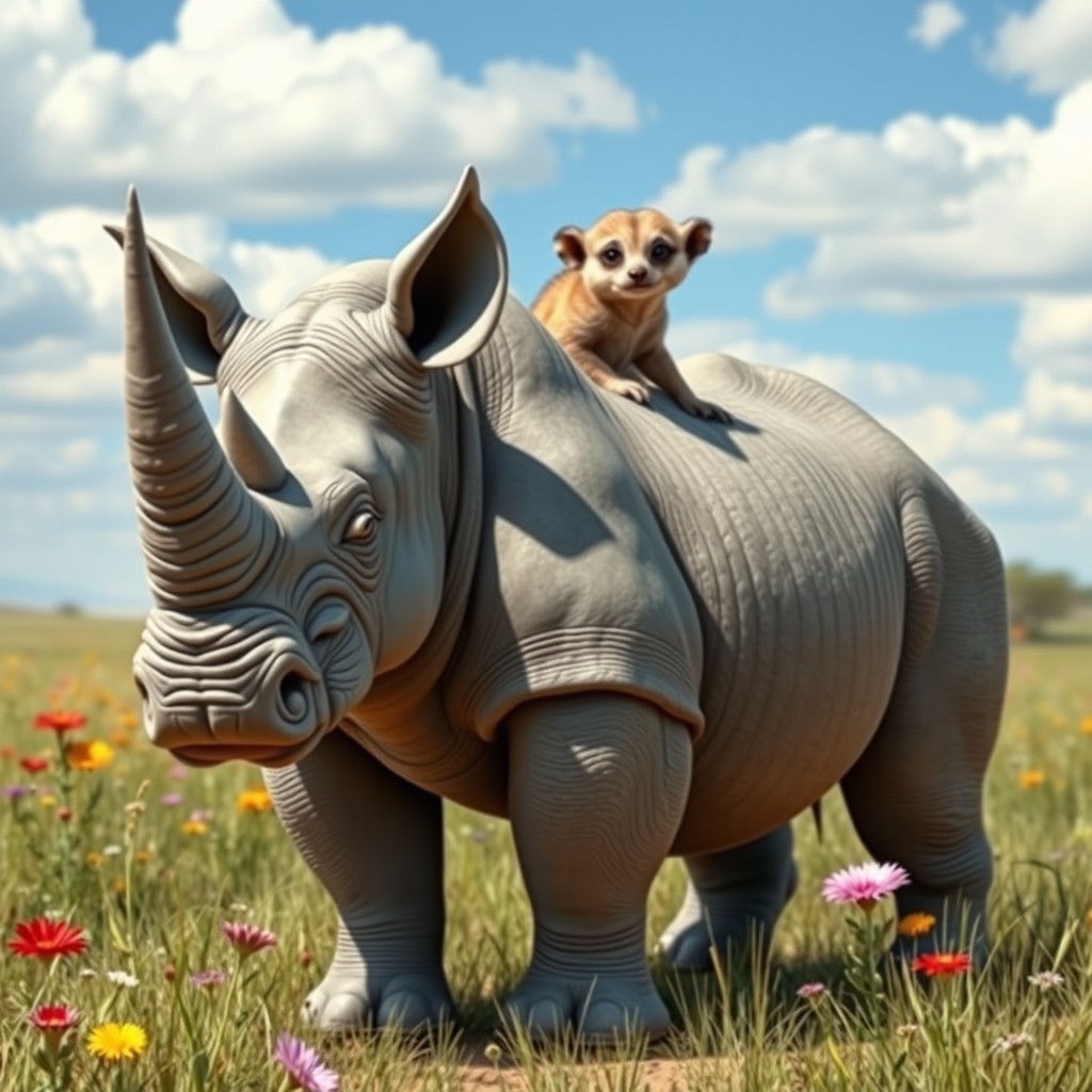 An imaginative two-headed hybrid creature that merges the formidable traits of a rhinoceros with the playful features of a meerkat