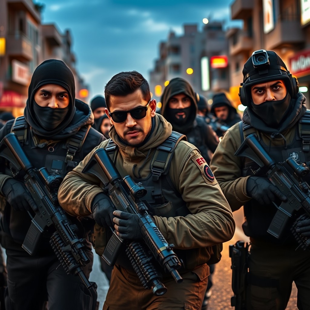 A dynamic and dramatic scene featuring operatives from Israel's intelligence agencies: Mossad, Shin Bet, and Aman, including the Mistaravim unit